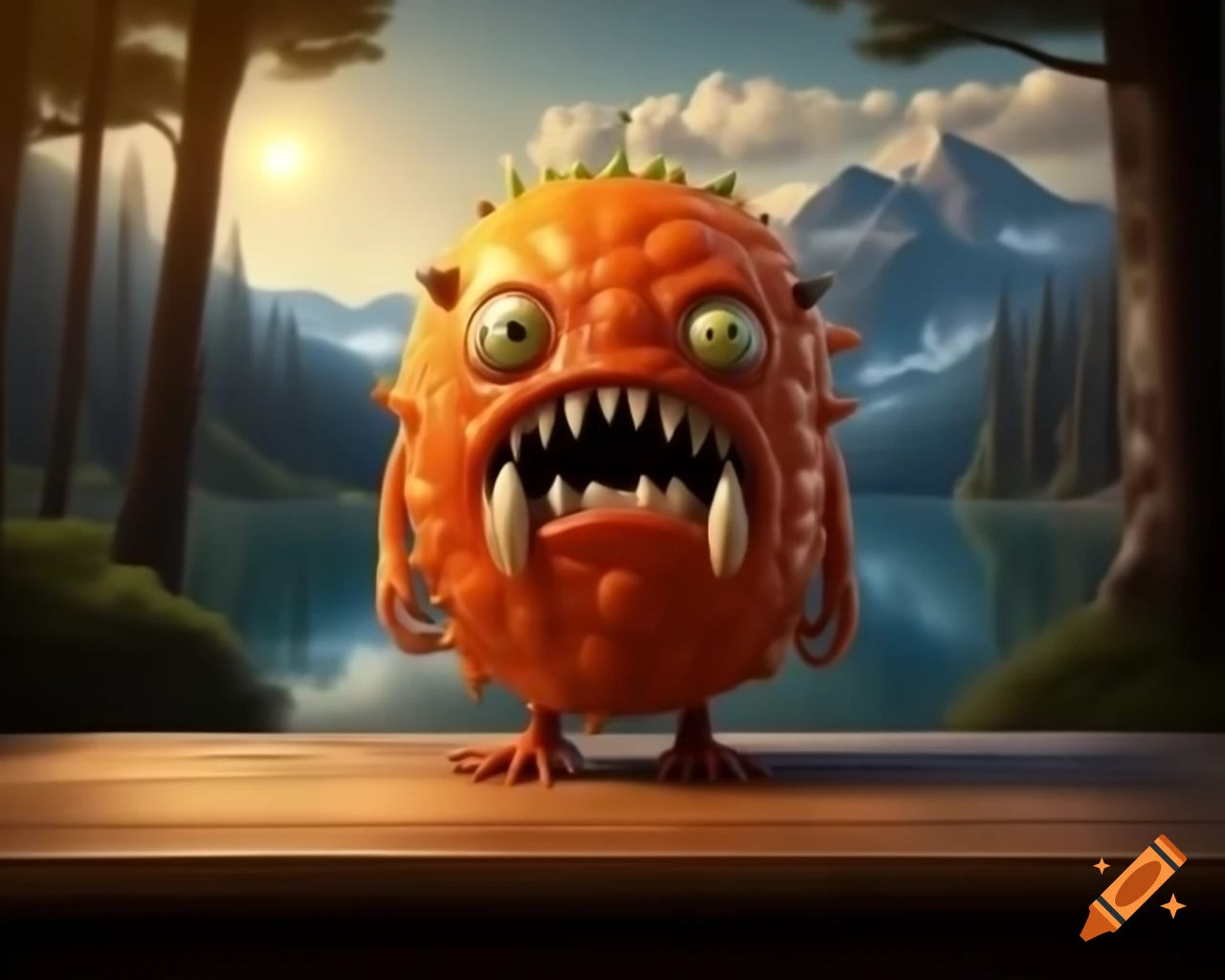 Hyper-realistic 3D orange fruit monster with human features on wooden table