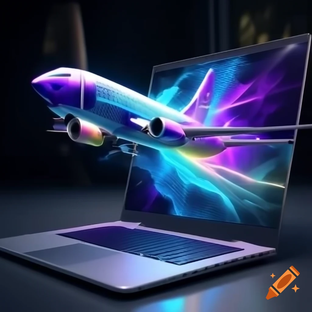 Holographic Boeing 737 emerging from sleek laptop display
