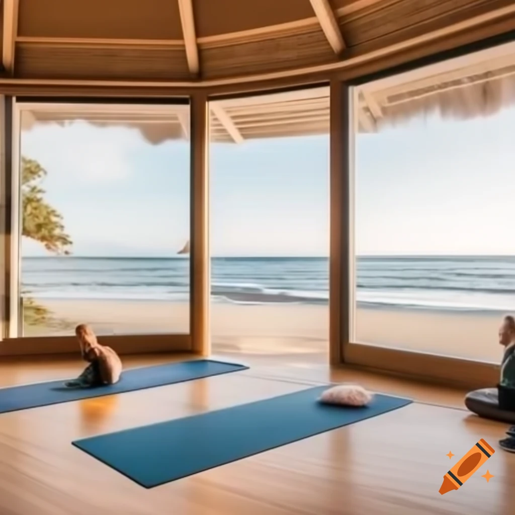 Interior of oceanfront yoga studio with calming ambiance