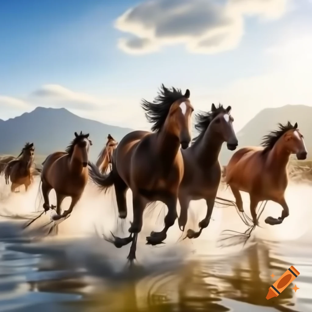 Seven horses running on water with mountains in the background