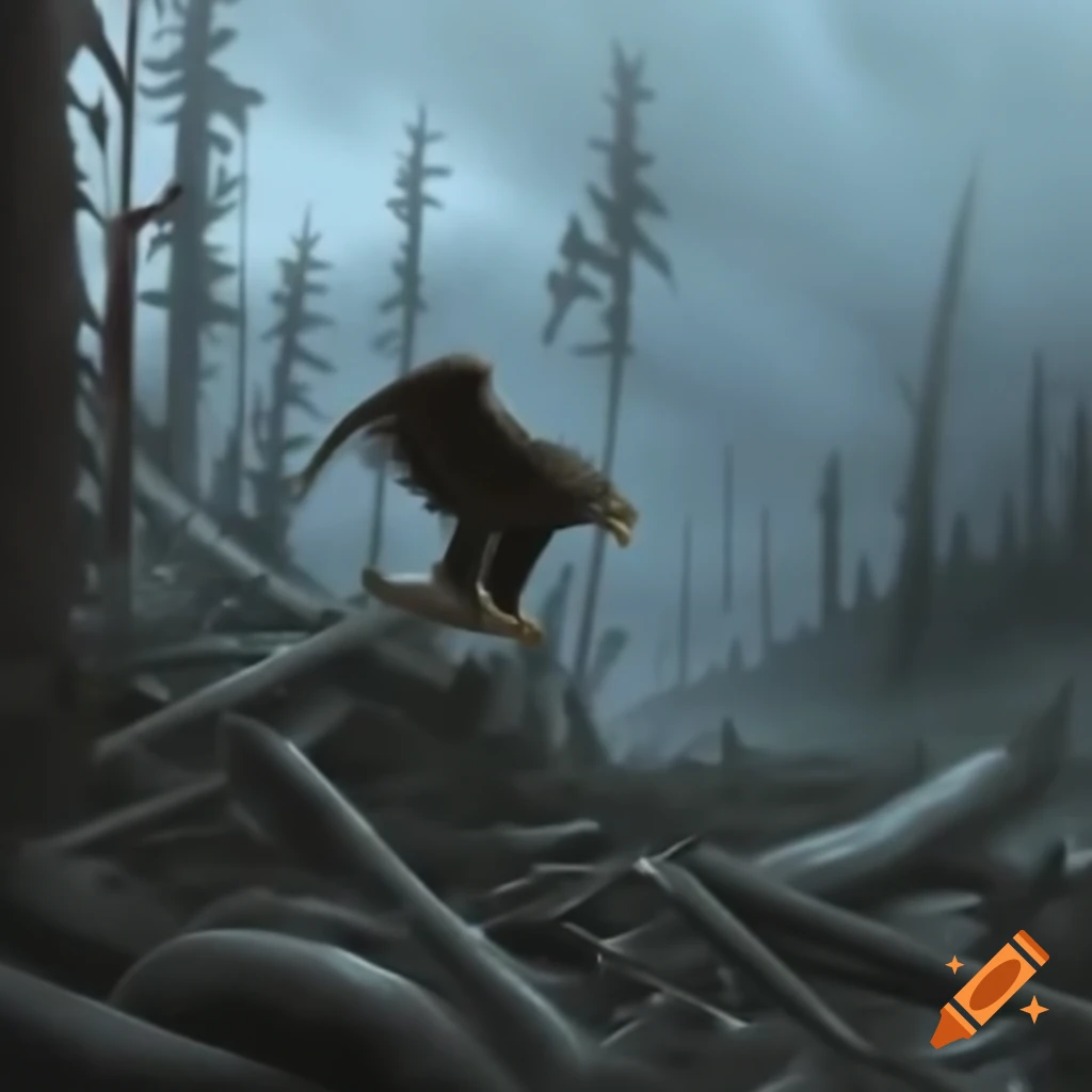 Eagle in storm damaged forest with solitary standing tree