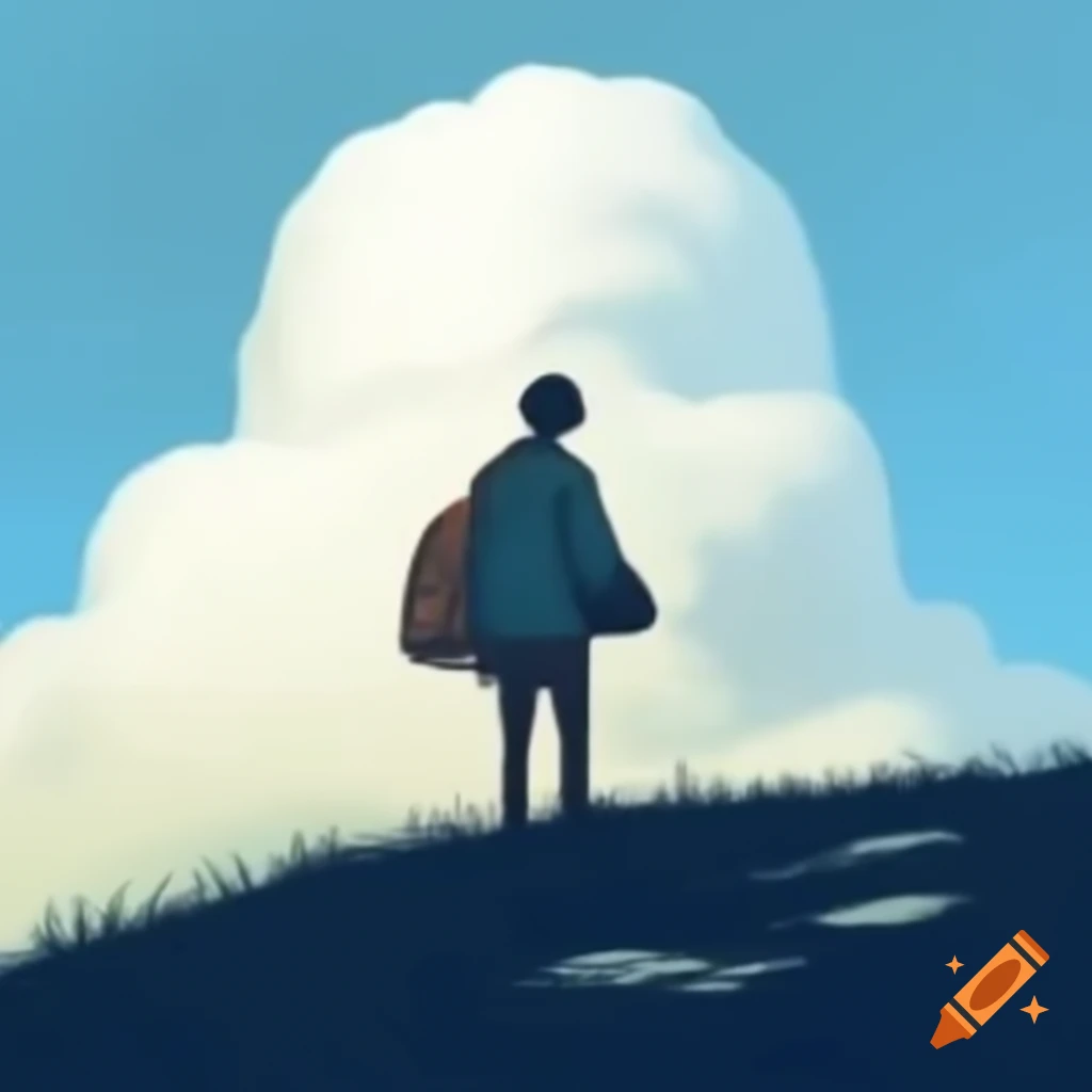 Man standing on hill raising arm towards the sky
