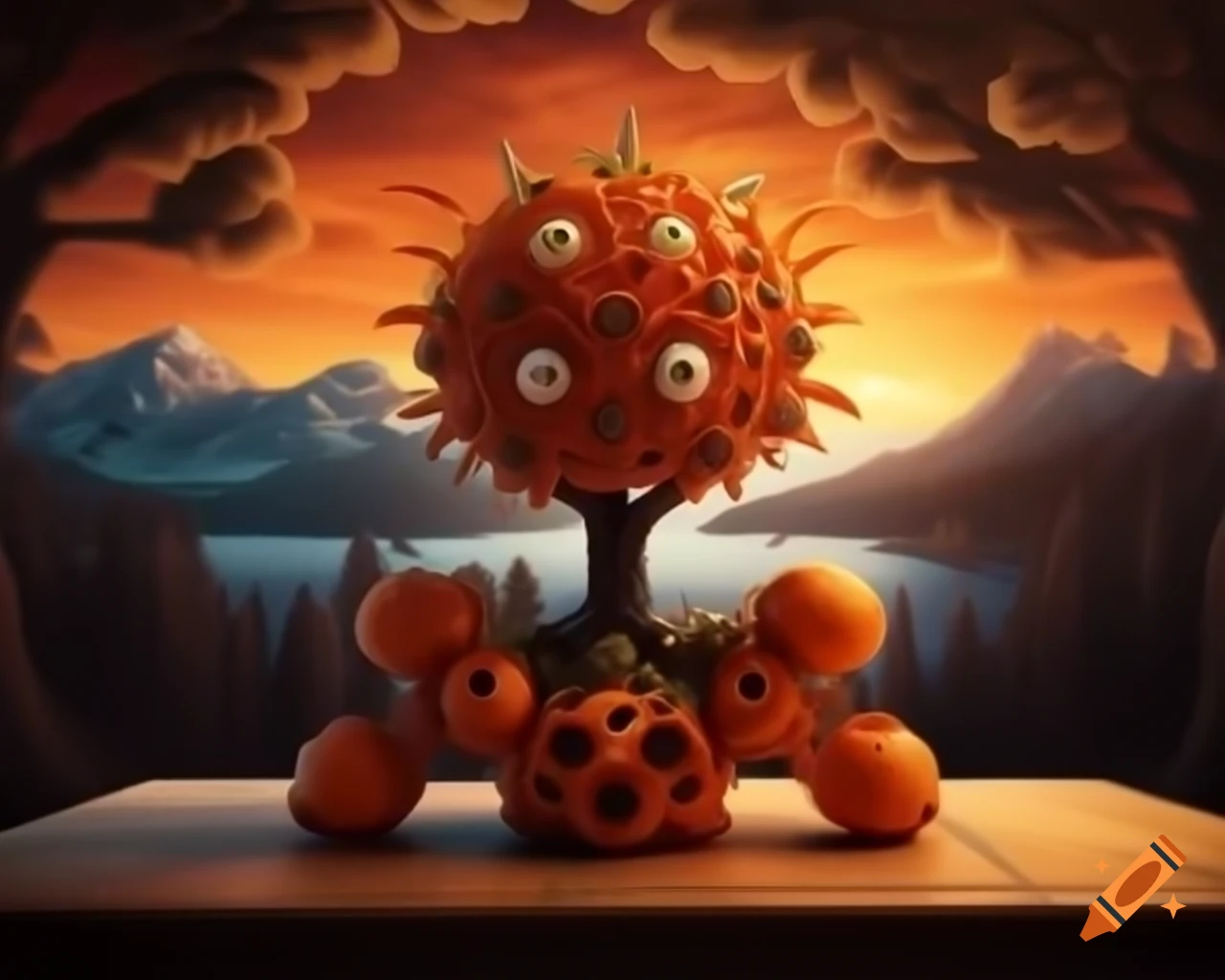 3D orange tree monster with human face on wooden table in forest