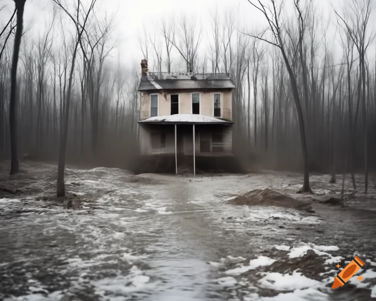 Lonely ruined house on trash-covered path in winter forest, man with scary face on porch