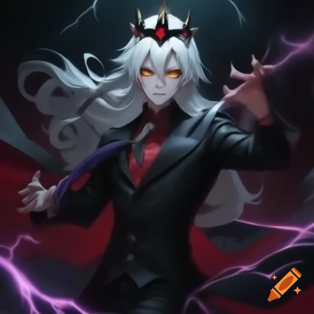 Vampire prince with long white hair, yellow eyes, and a sword in a black suit