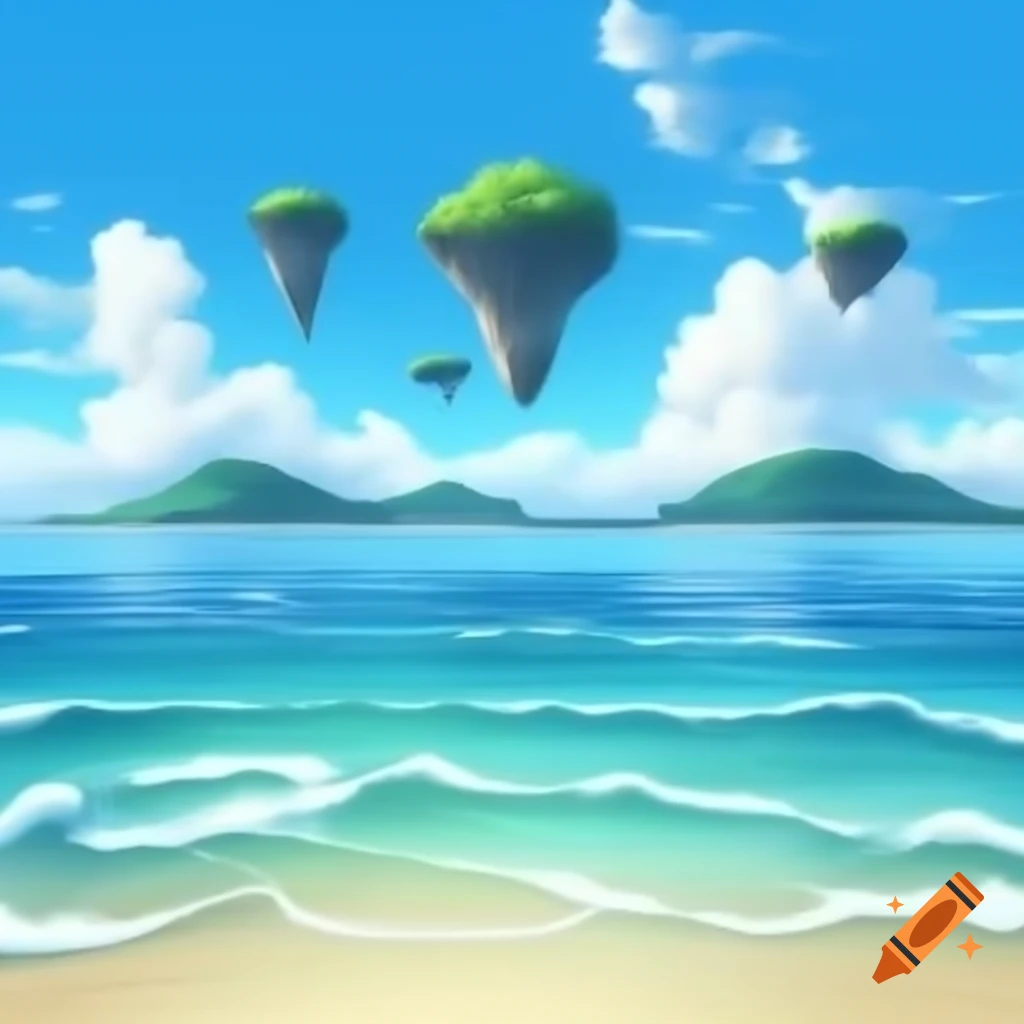 Anime beach scene featuring floating islands over the ocean