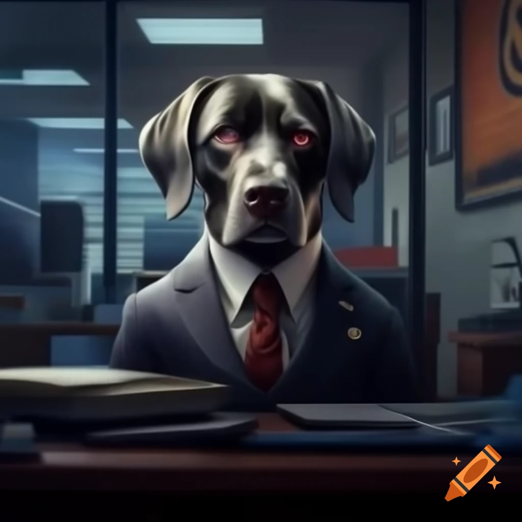 Photorealistic dog in suit sitting in office with Aramco logo