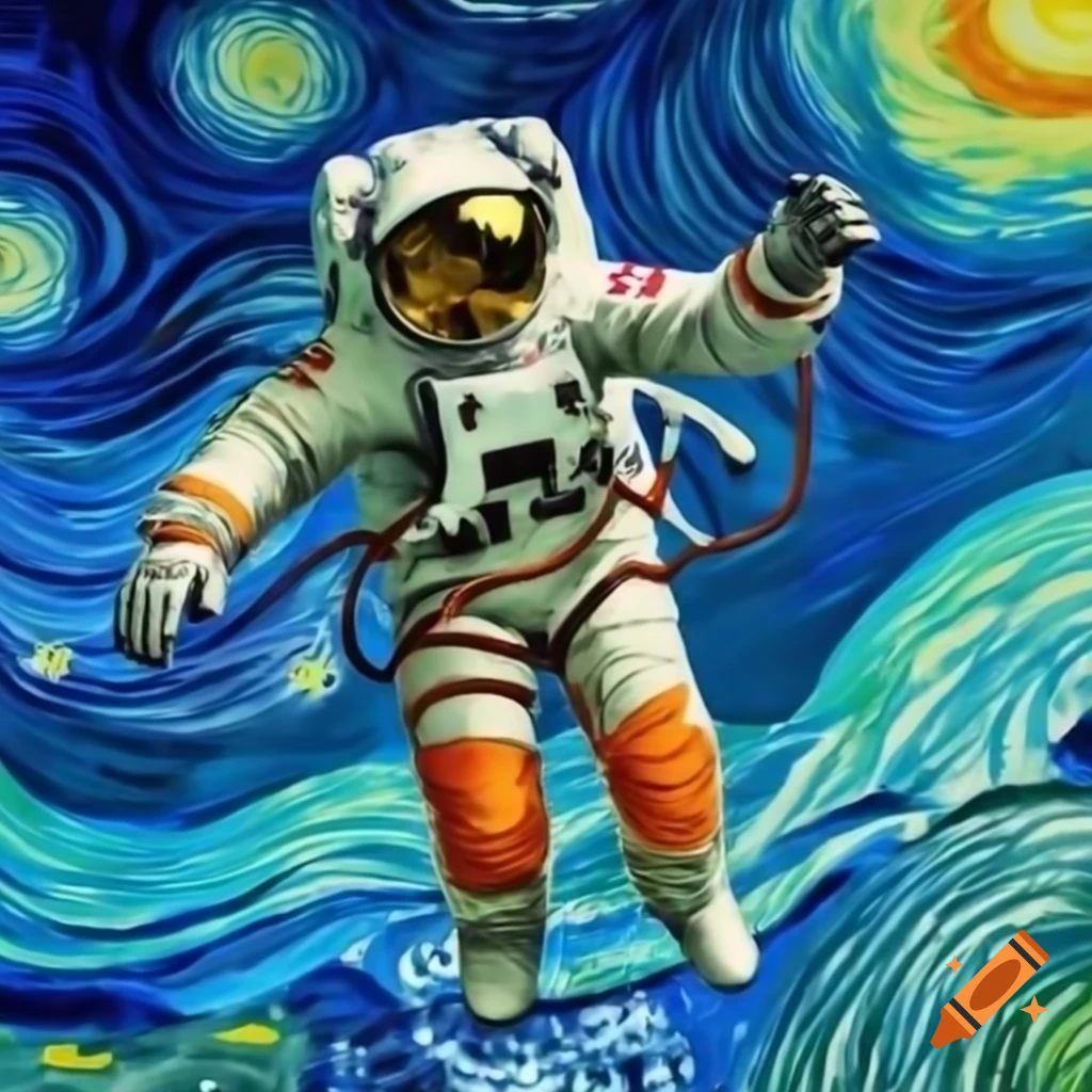 Astronaut floating in space with expressive van Gogh style colors