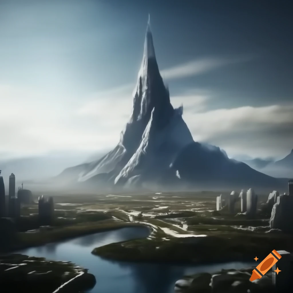 Futuristic city landscape alongside mountains