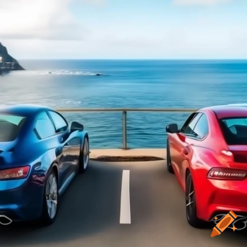 Luxury cars parked by the ocean