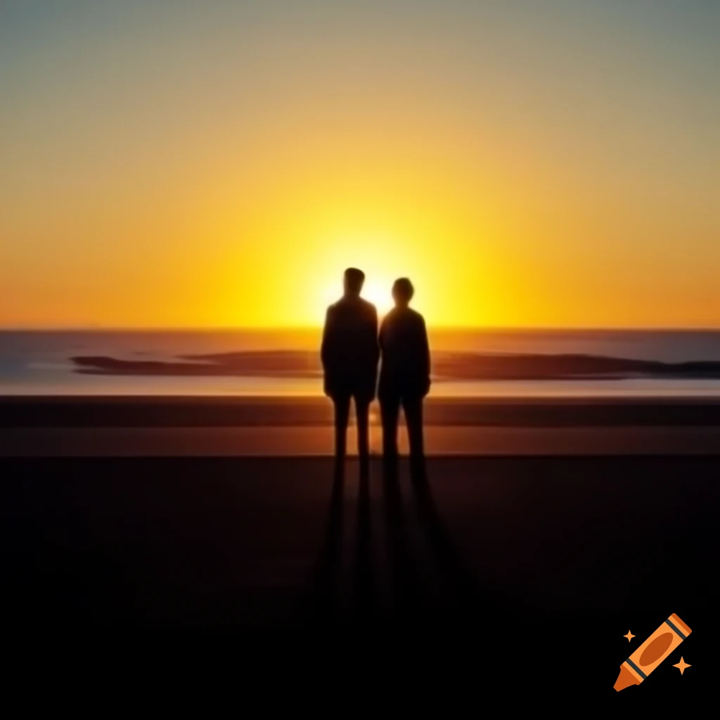 Silhouetted figures at sunset on sandy beach