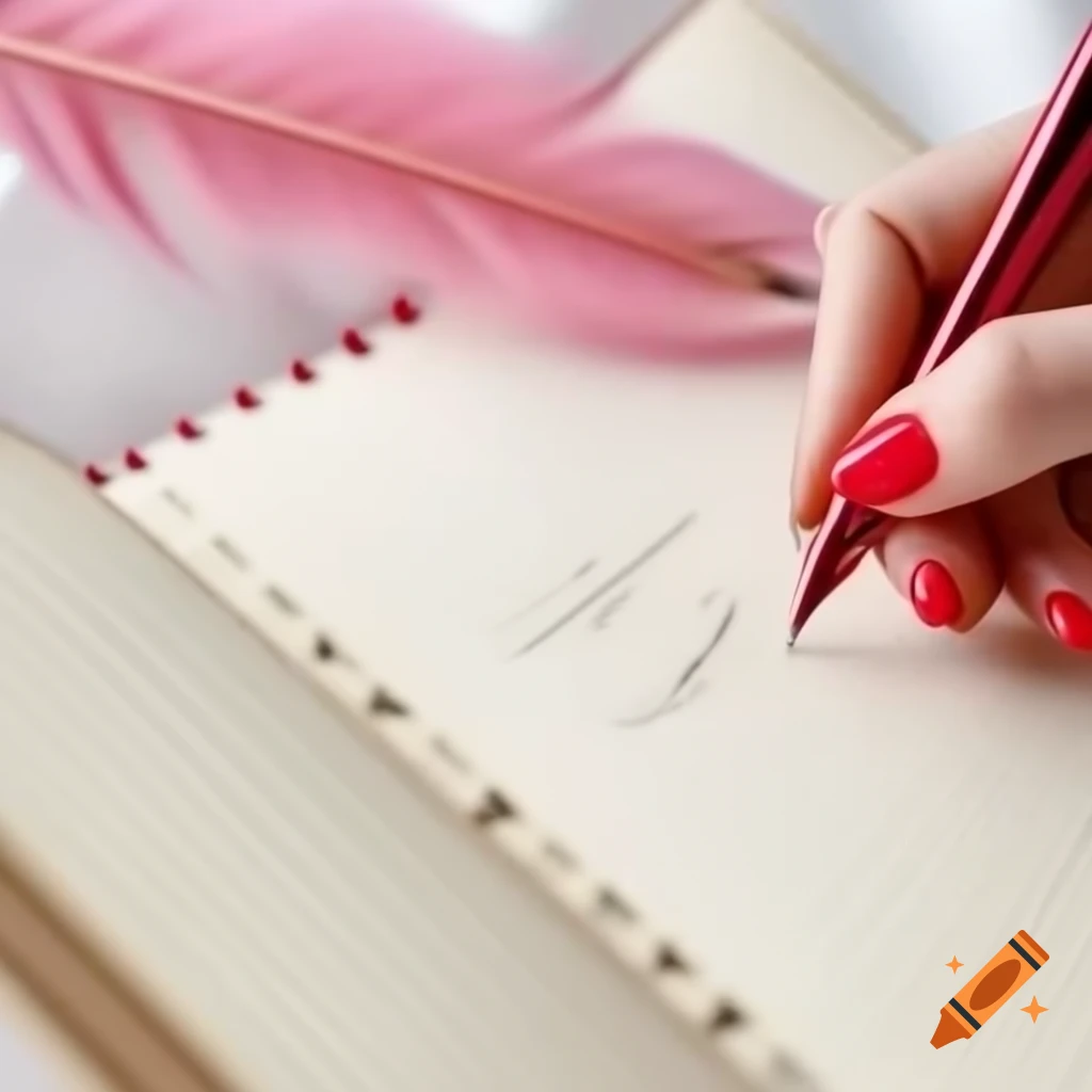 Hand with red nail polish writing letter B with pink quill pen on diary