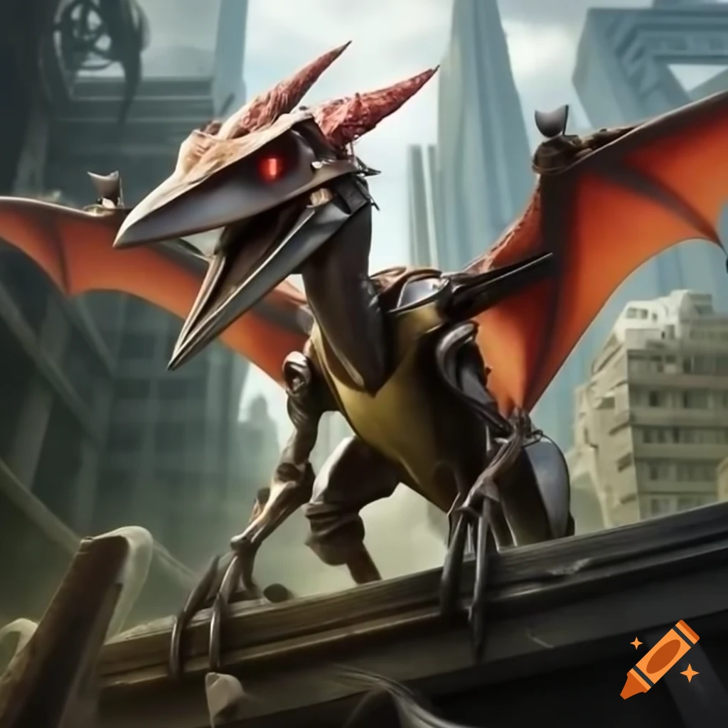 Robotic pterodactyl with red eyes on destroyed building overlooking ruined city