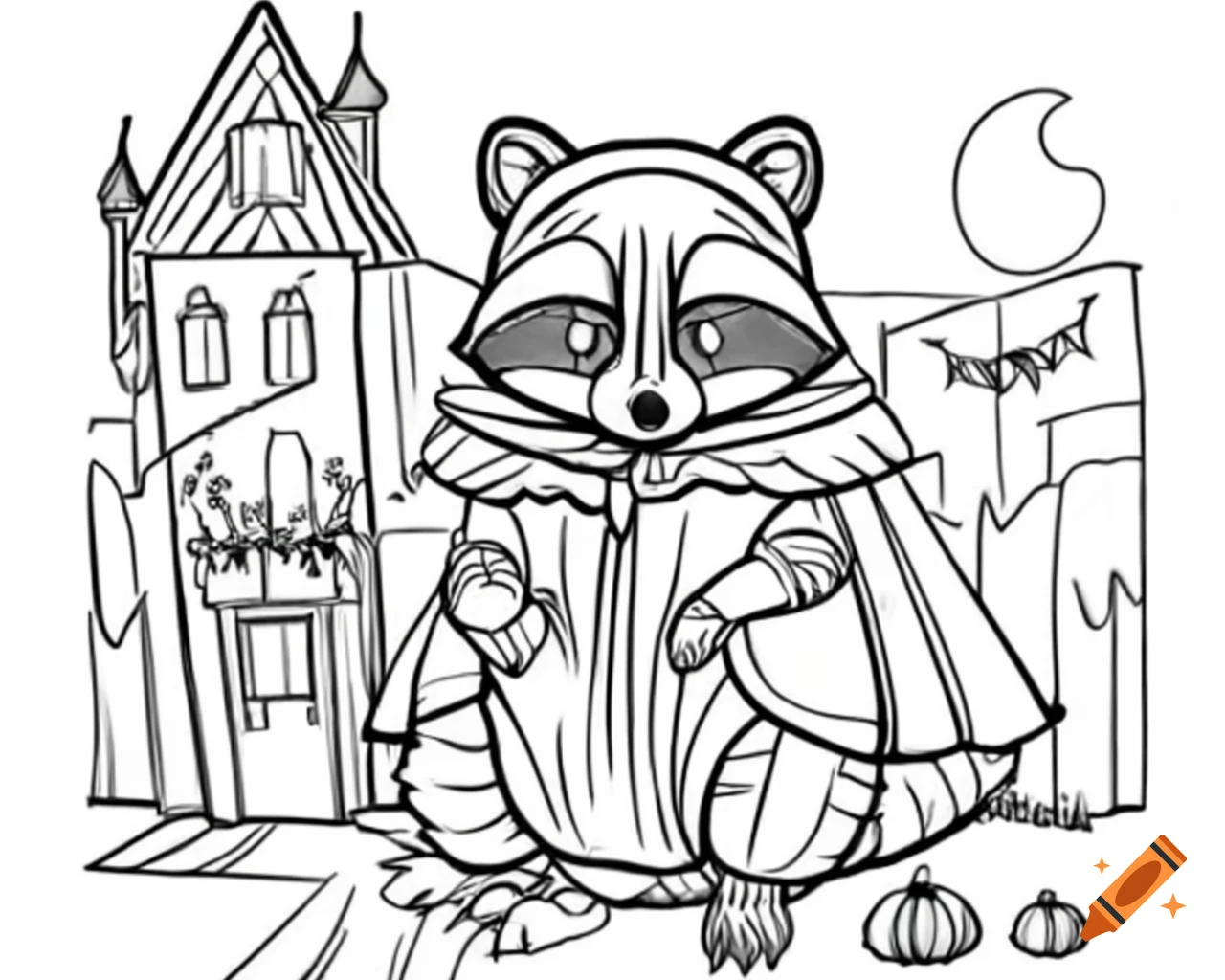 raccoon-in-vampire-cape-next-to-haunted-house-halloween-outline-on-craiyon