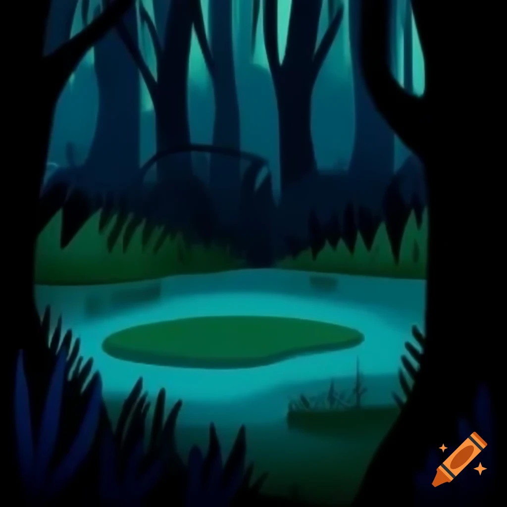 Dark themed pond surrounded by forest