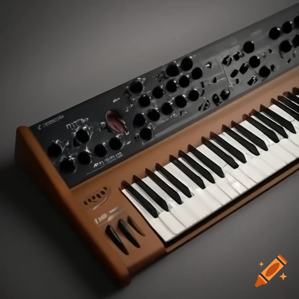 Elegant synthesizer with wooden side and knobs viewed from above