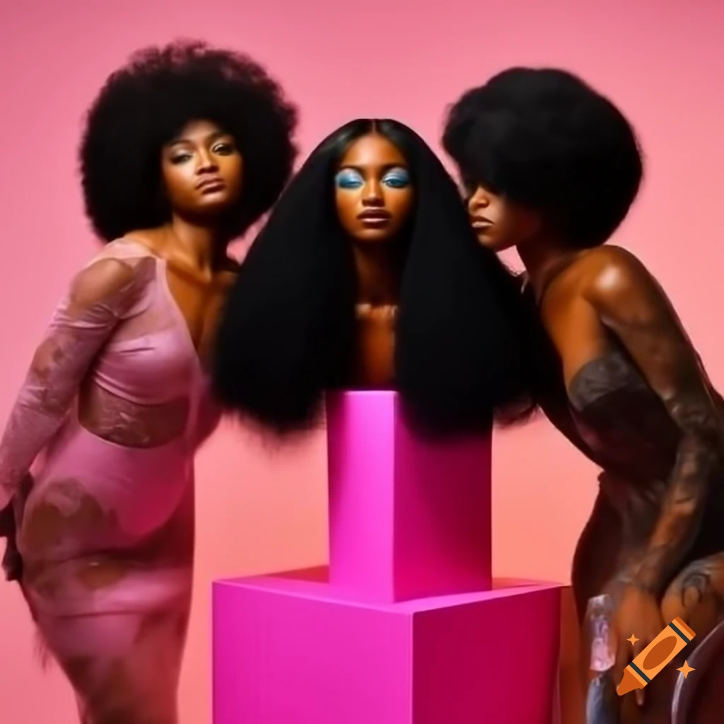 African American hair models showcasing lace front wigs on pink podiums