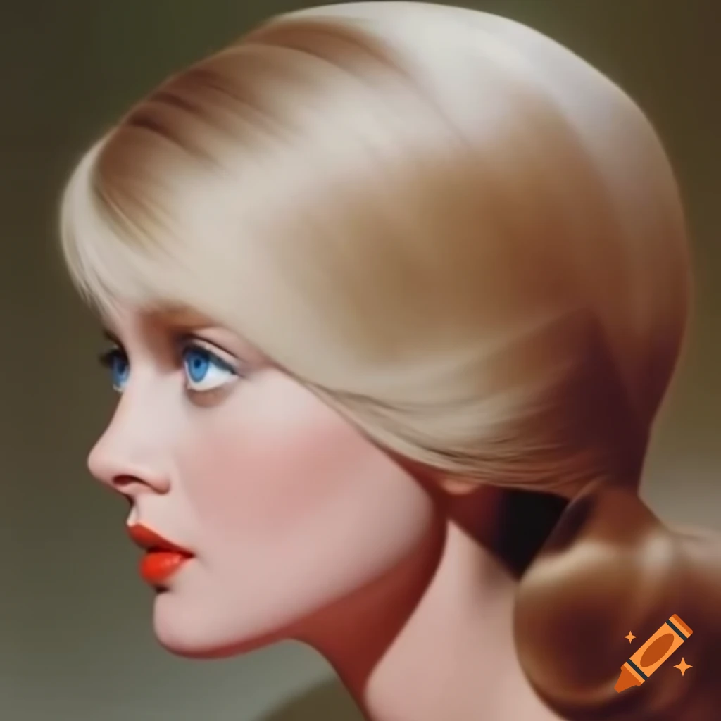 Hyper-realistic retro photo of beautiful European actress from 1963 with blue eyes and wavy golden hair