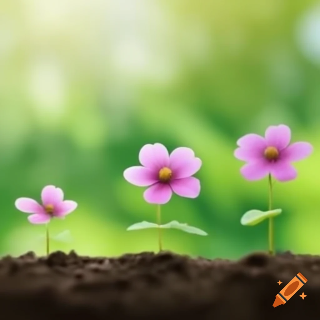 Three flowers illustrating stages of growth from seed