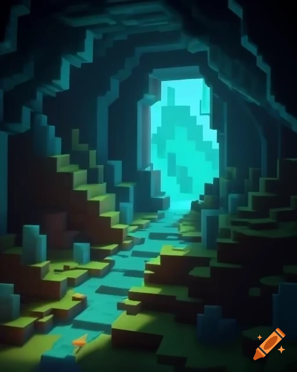 Minecraft turquoise portal in dark stone cave with warden emerging