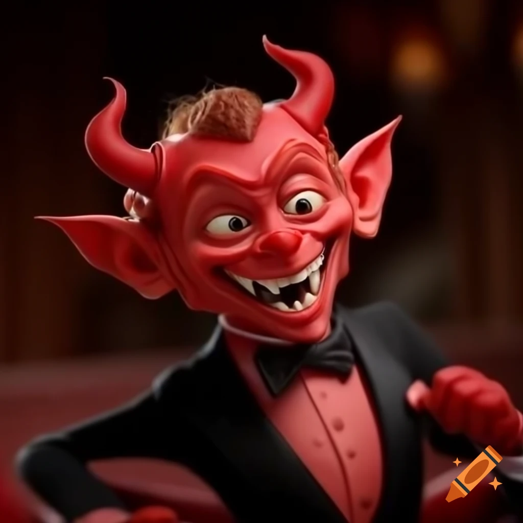 Red devil in tuxedo laughing with monocle