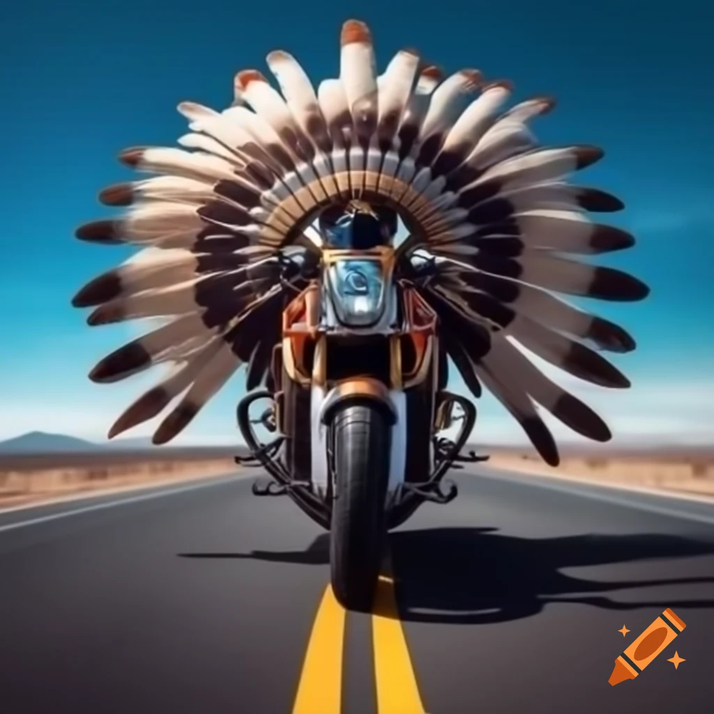 Taino warrior in feather headdress racing on motorbike across modern road