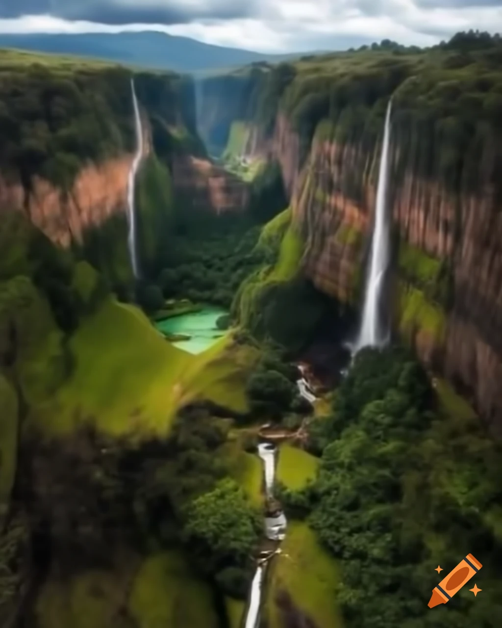 Vast lush valley with waterfalls and vibrant exotic vegetation