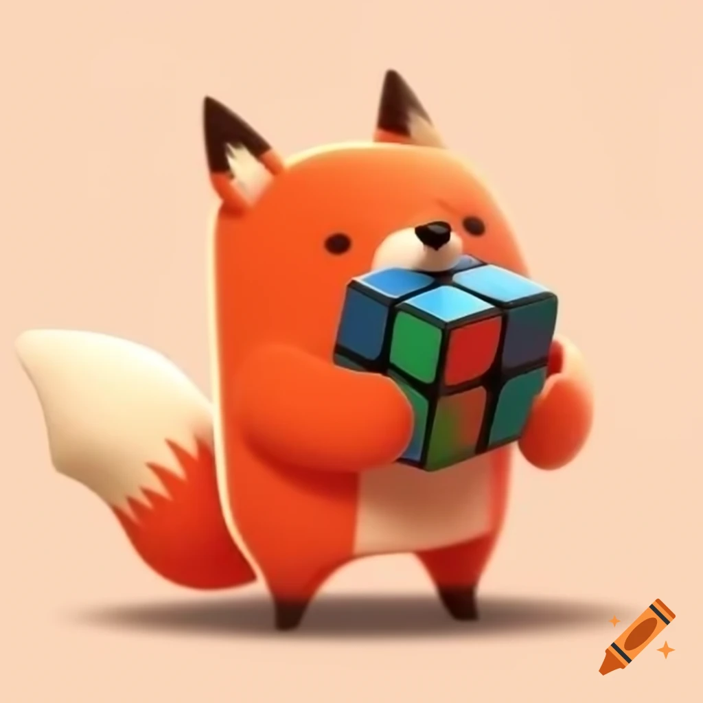 Fox mascot hugging a colorful cube