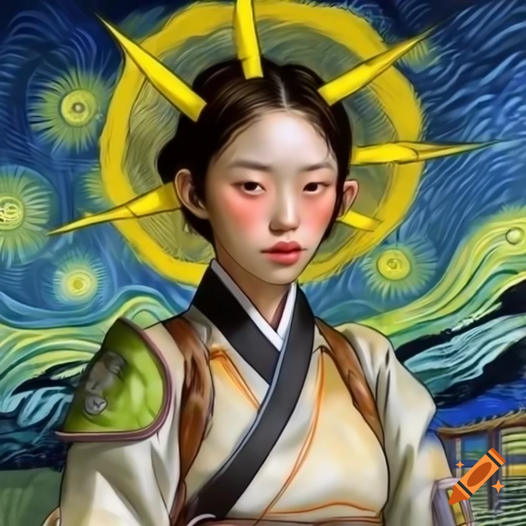 Portrait of Korean woman in futuristic dress, animation style with Van Gogh and Rembrandt influences