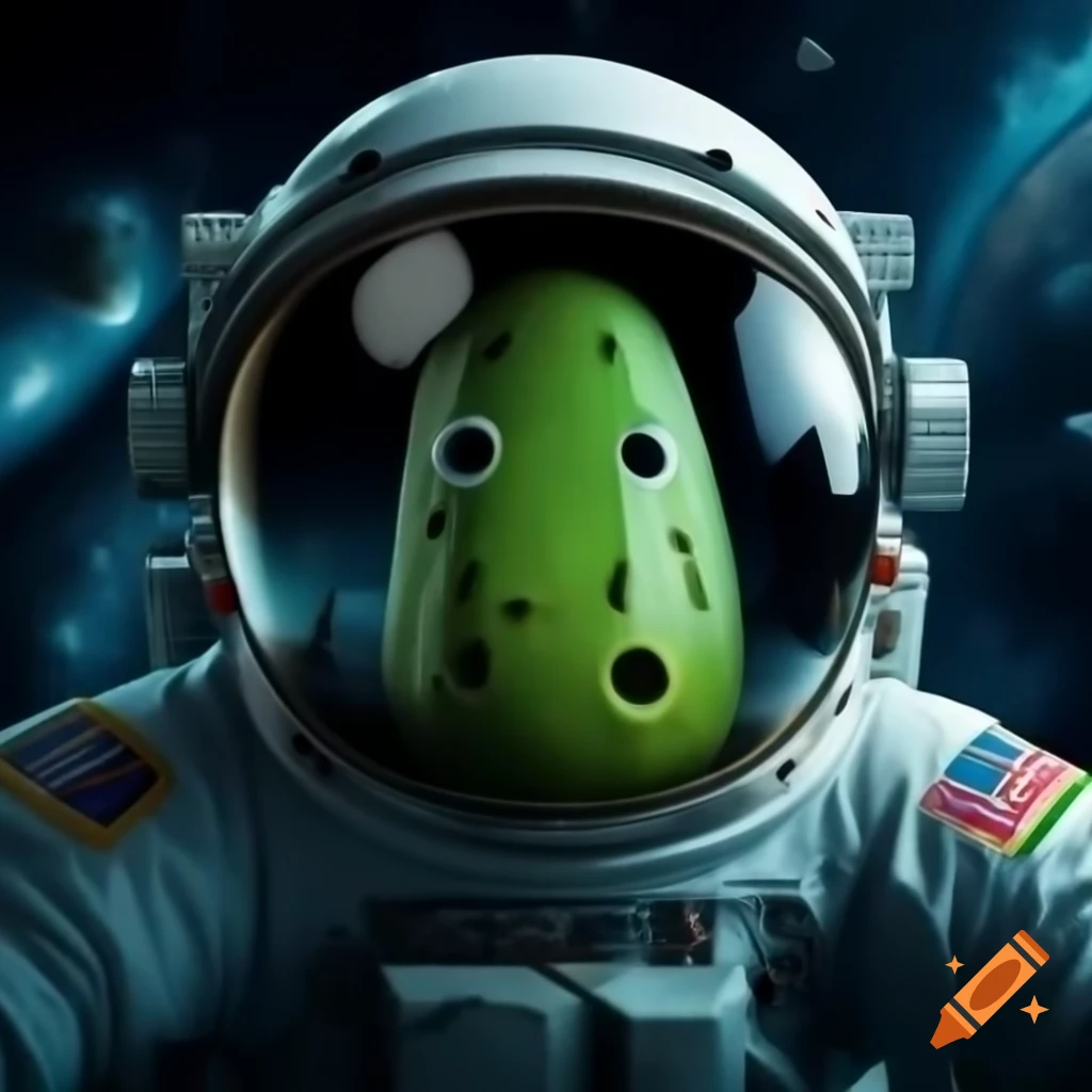 Cucumber astronaut floating in outer space