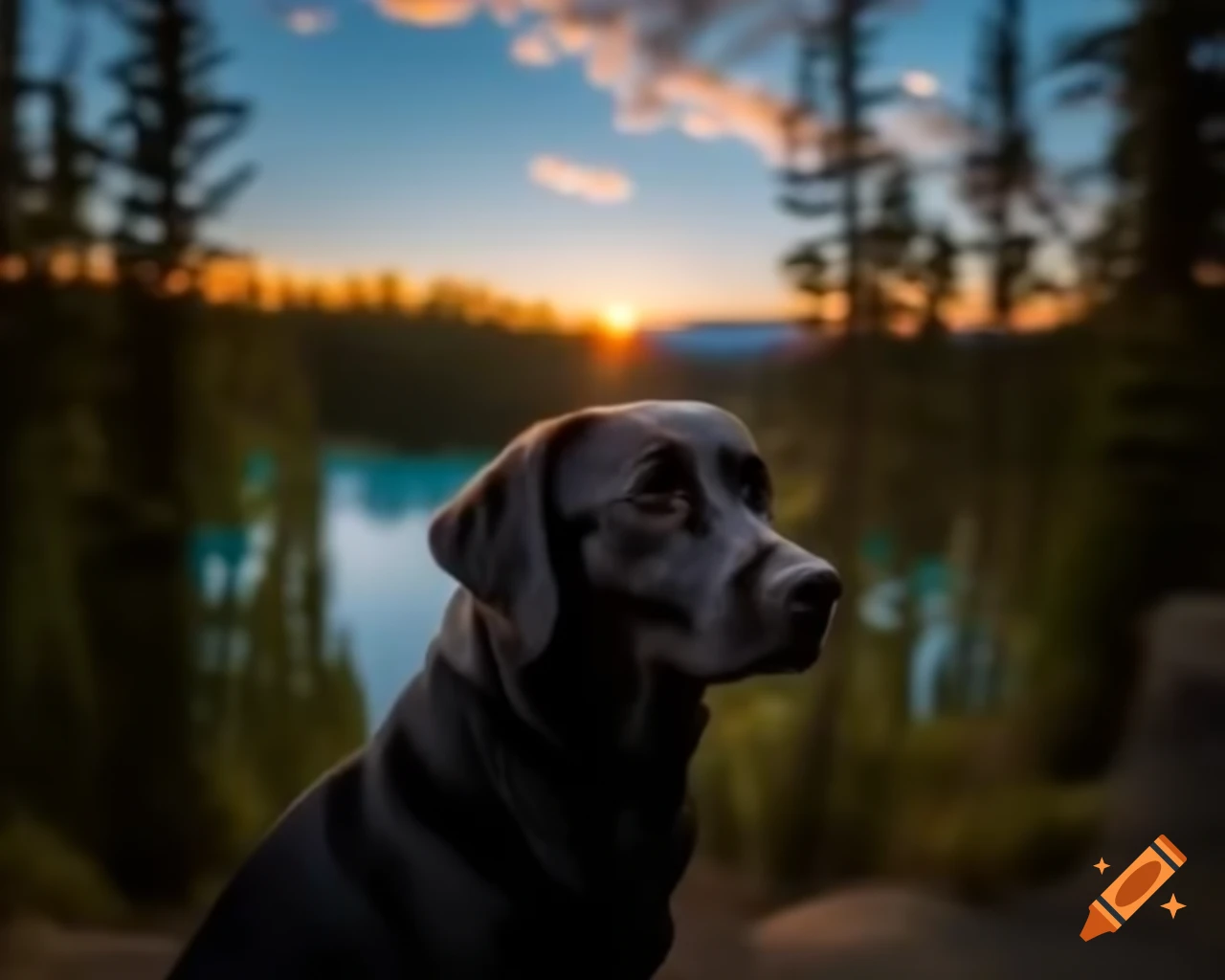 Black Labrador Retriever close up in forest with trees