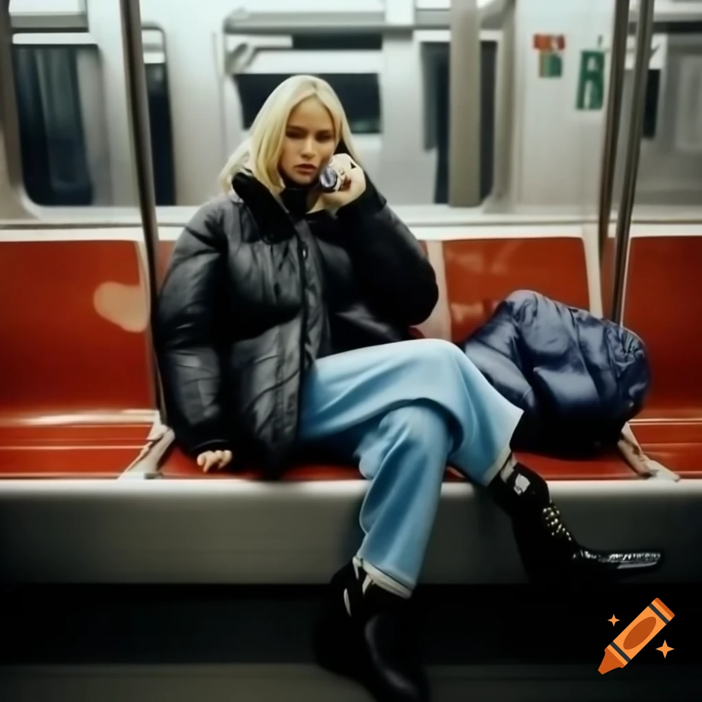 Blonde girl in subway talking on phone, wearing black puffer jacket and baggy jeans