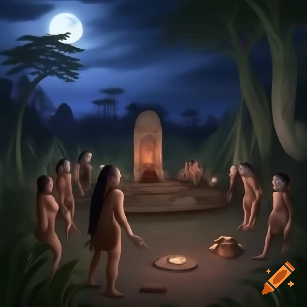 Tribal village conducting ritual by moonlight in jungle with stone altar