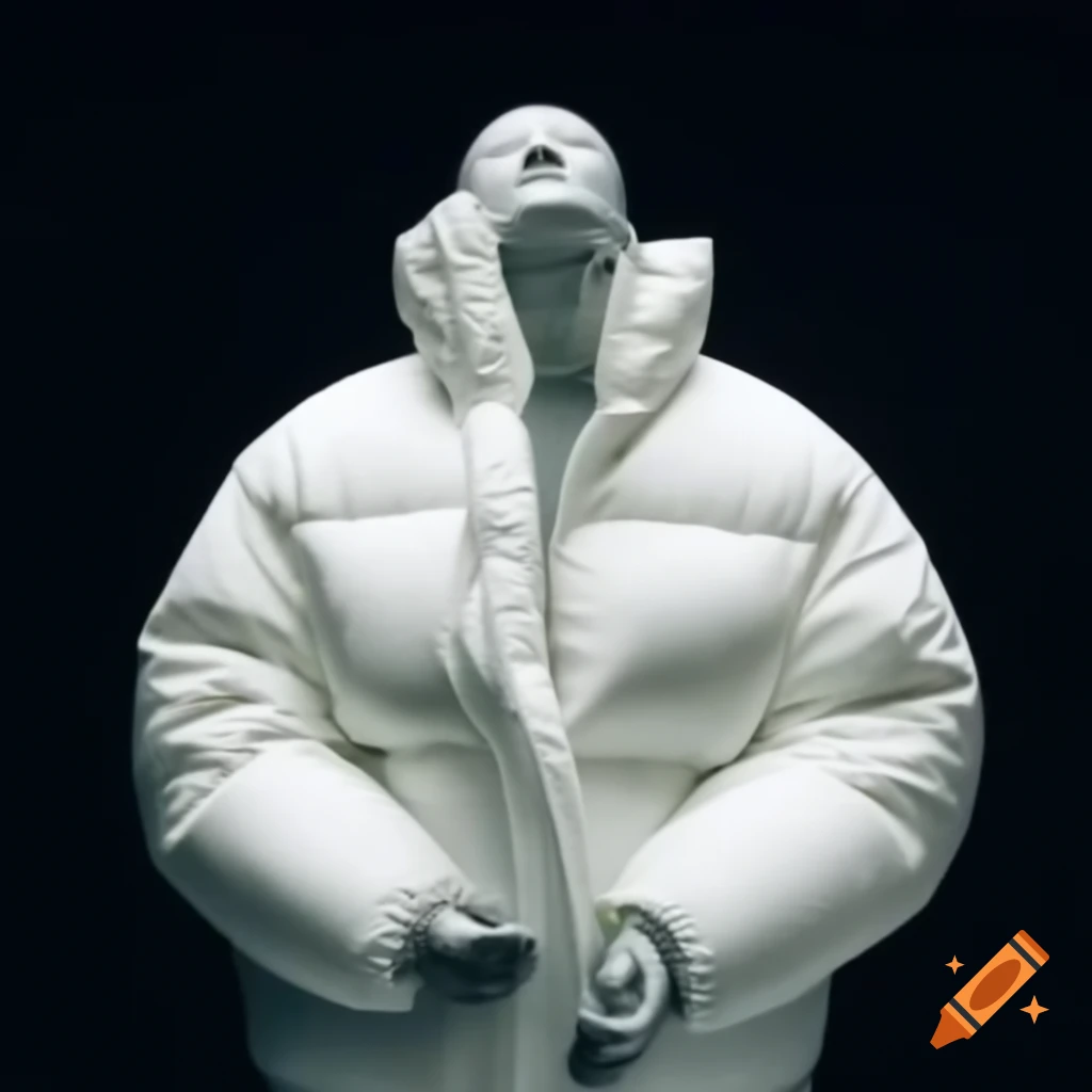 Masked mannequin in slim fitting white puffer jacket