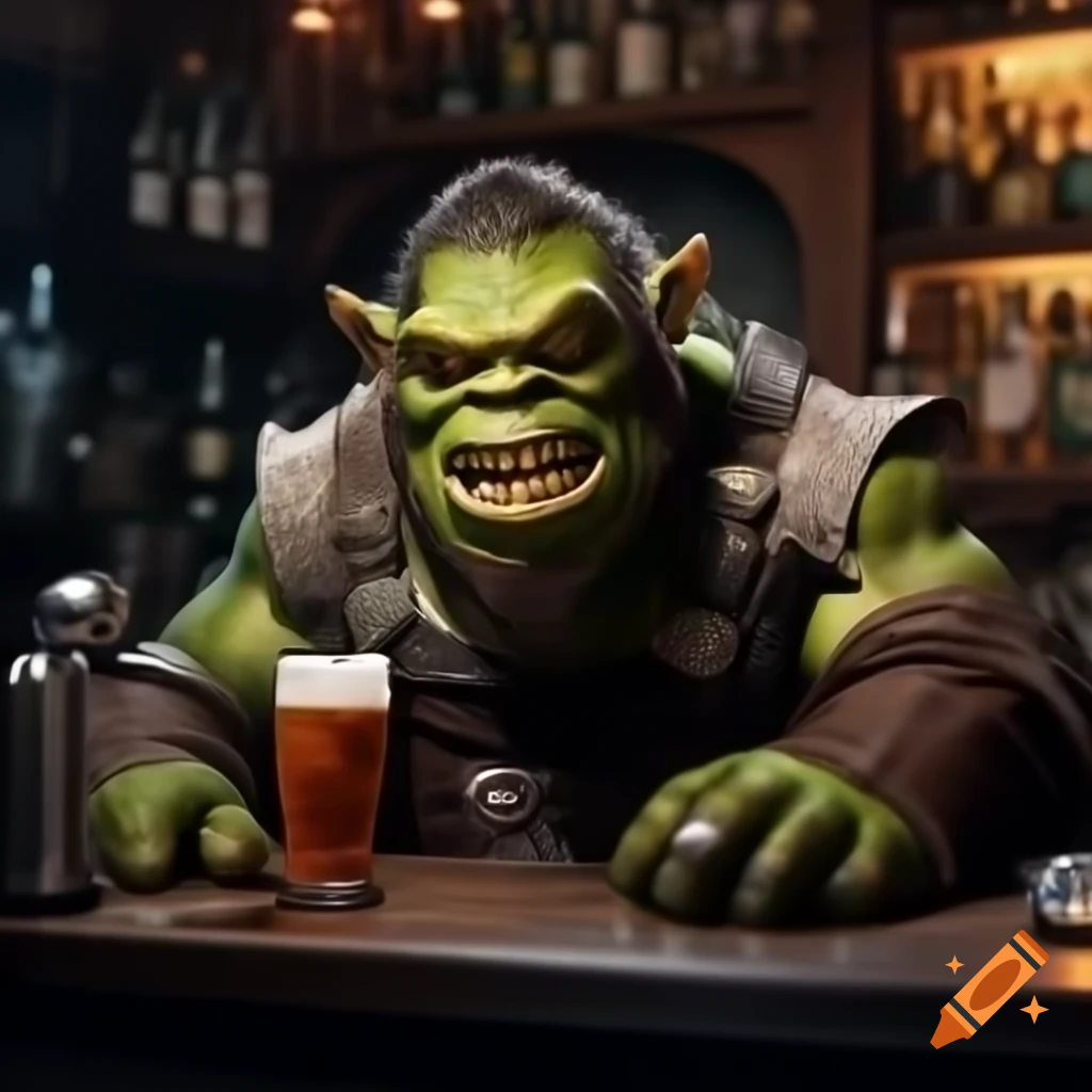 Half-orc bartender with missing teeth in medium shot