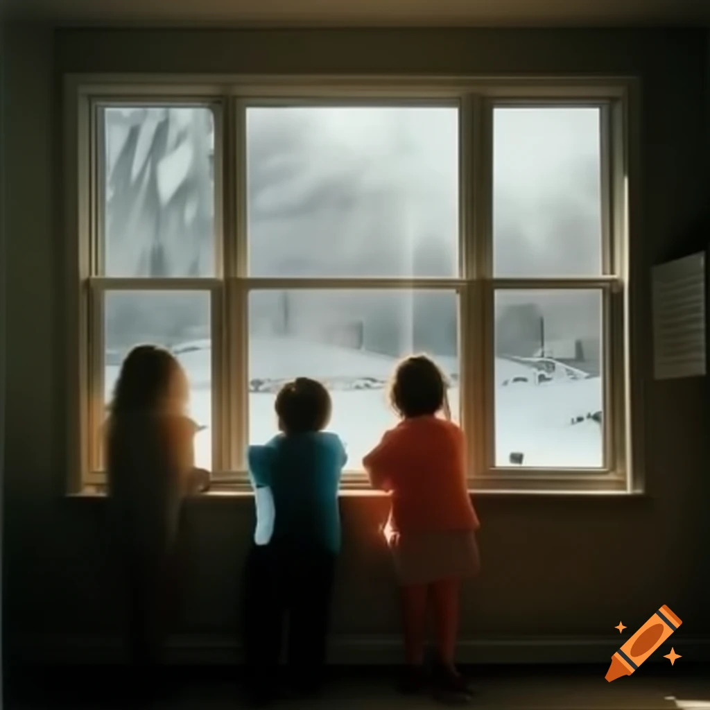 Children playing indoors with snowy weather visible through windows
