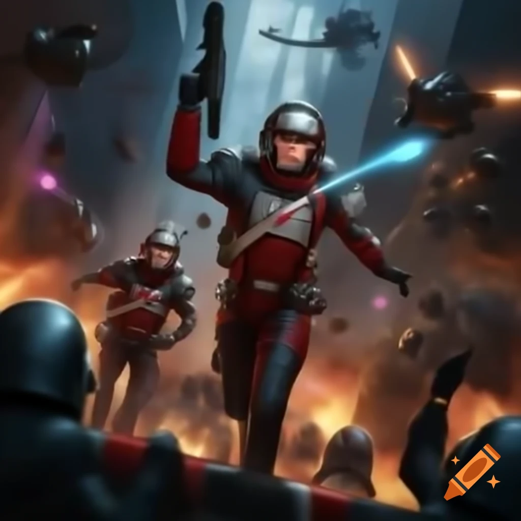 Futuristic Chancellery Guards in red and white uniforms in a sci-fi battle scene