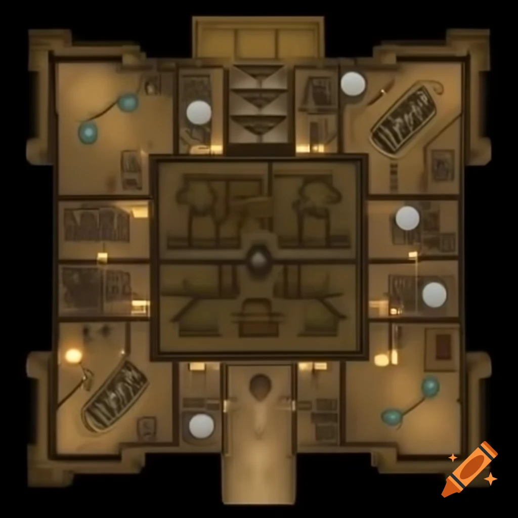 Detailed floor plan of an ancient pyramid with hieroglyphics and Egyptian artifacts