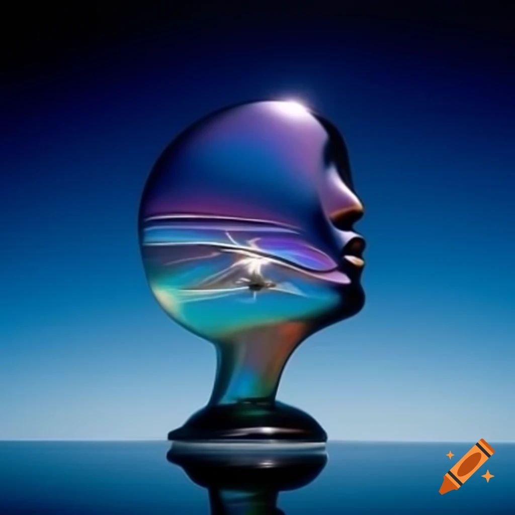 Pop surreal photography featuring iridescent glass statue