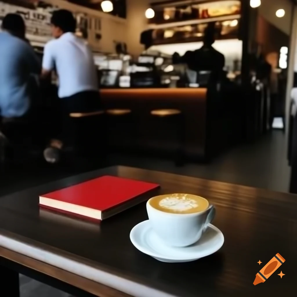 Cup of coffee on table in busy coffee shop with man reading red book