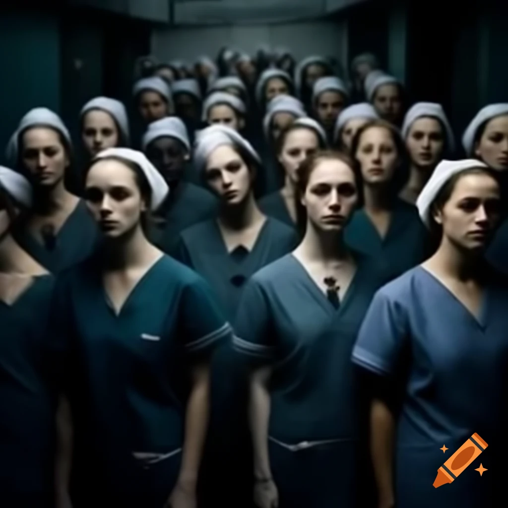 Group of obedient nurses in overalls and white caps