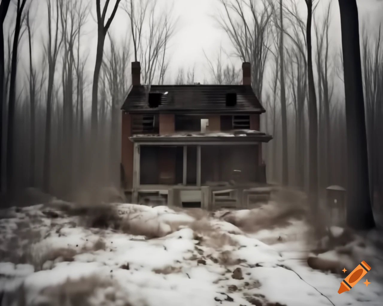 Lonely ruined house on trash-covered path in winter forest, man with scary face on porch