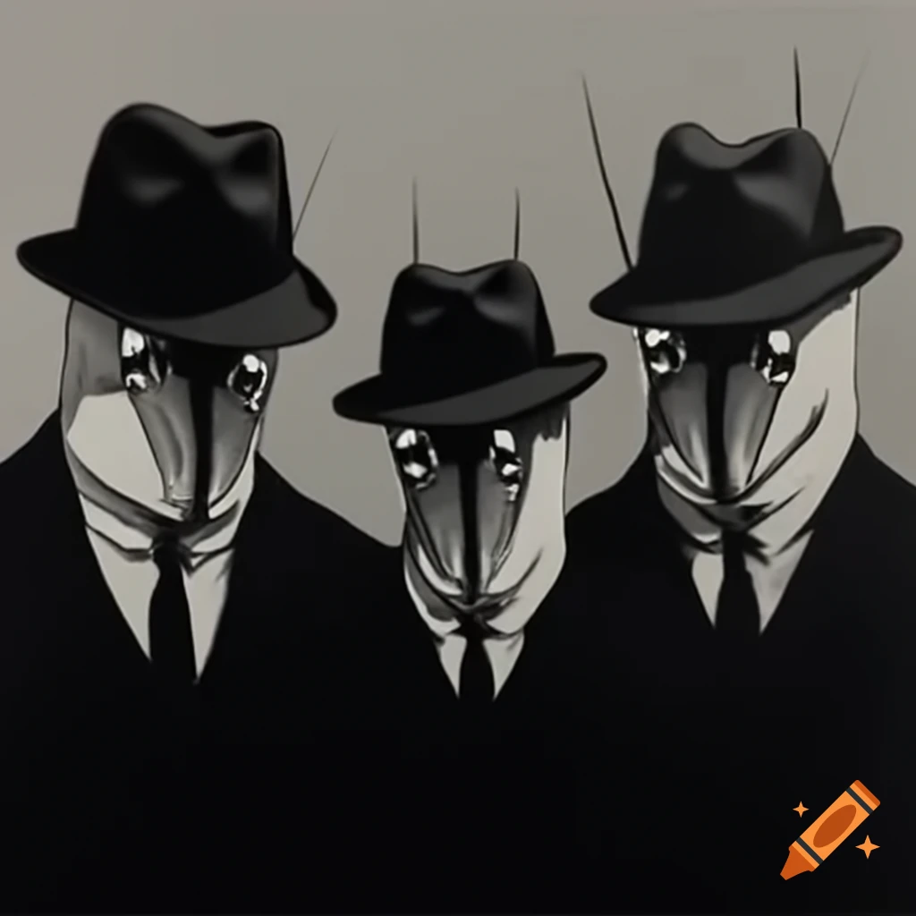 Three men in suits with insect faces, monochrome linocut style