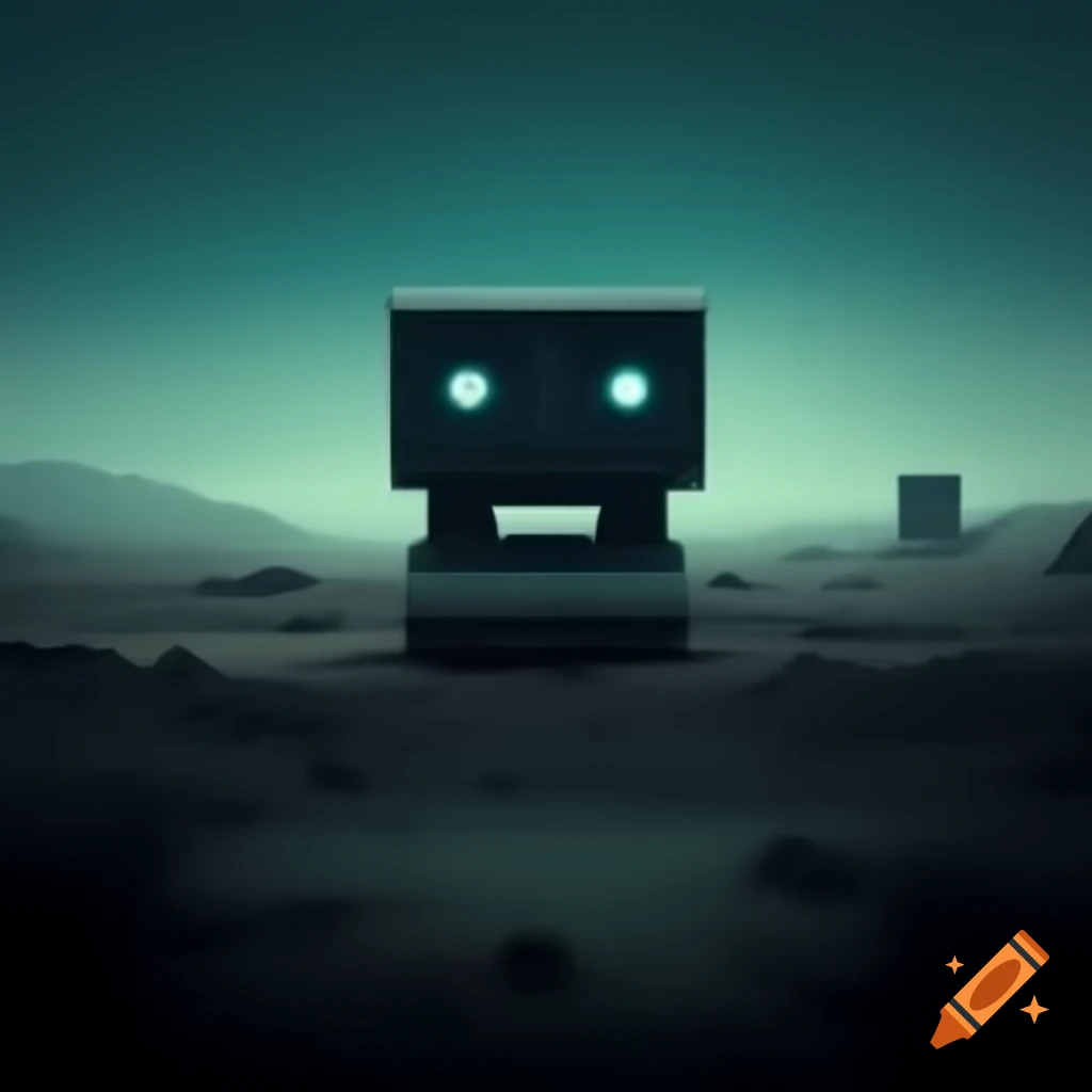 Abstract blocky machine in dystopian landscape