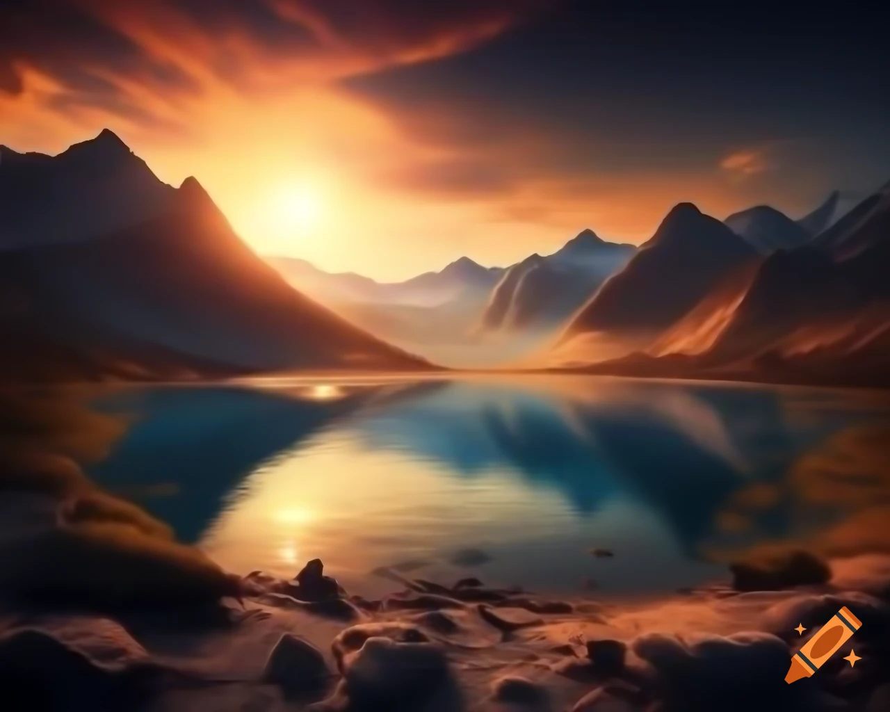 Photorealistic 3D render of mountain lake at sunset with sun rays and island