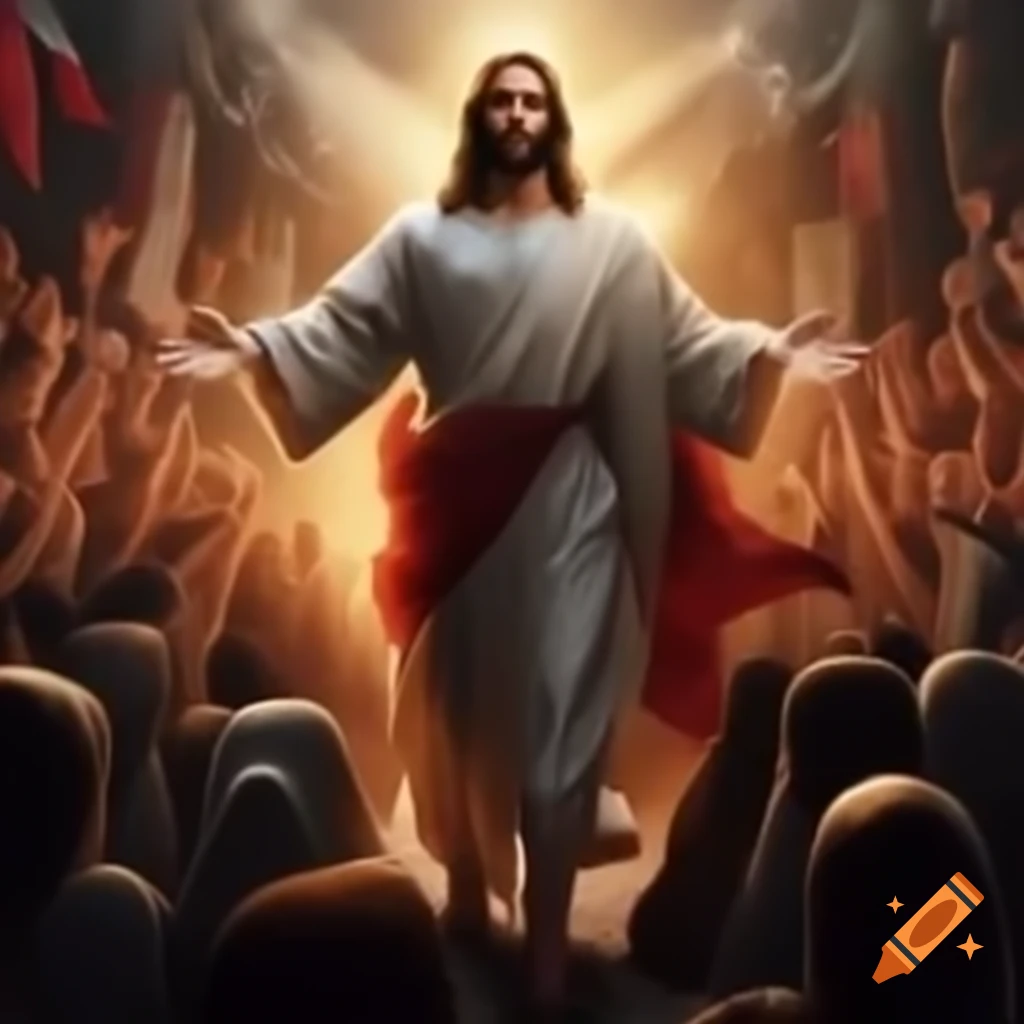 Jesus rising among crowd in spring colors, everyone looking at him