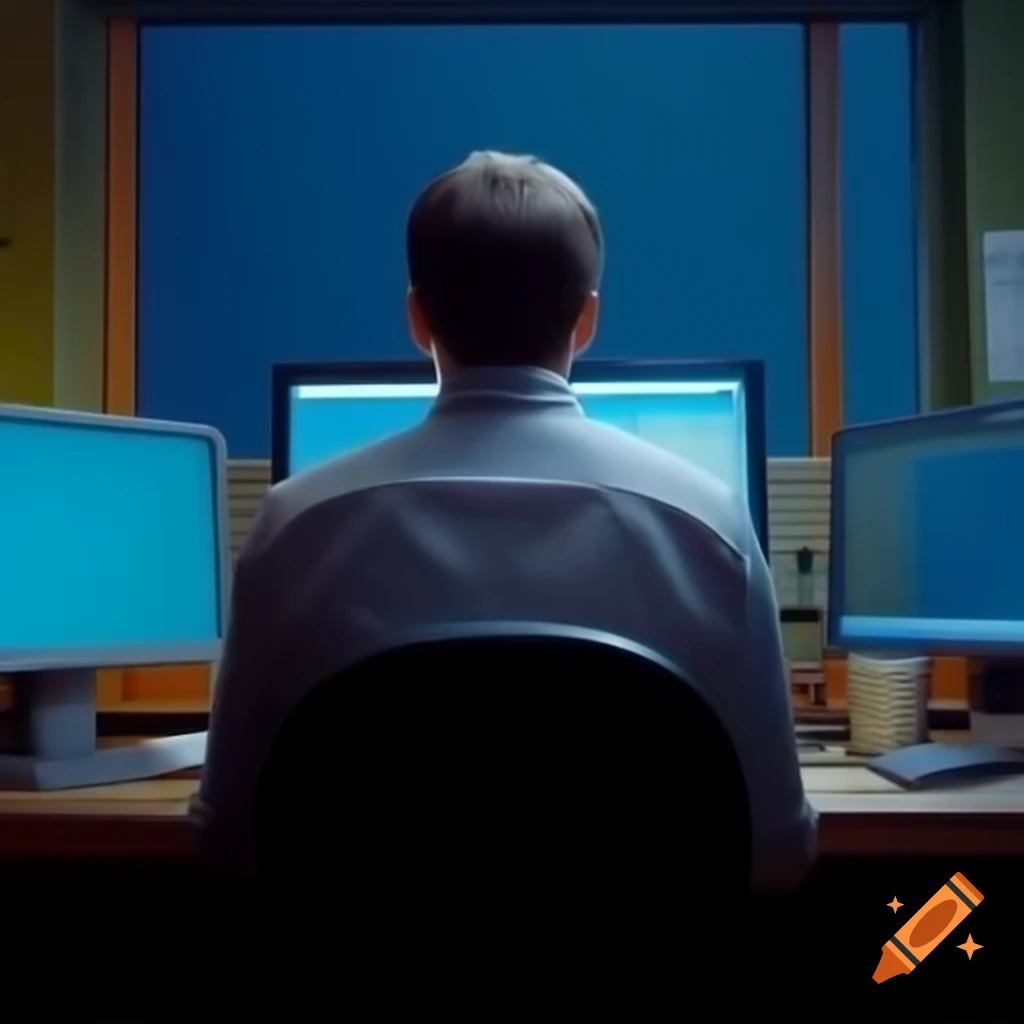 Man in shirt looking at computer with no background