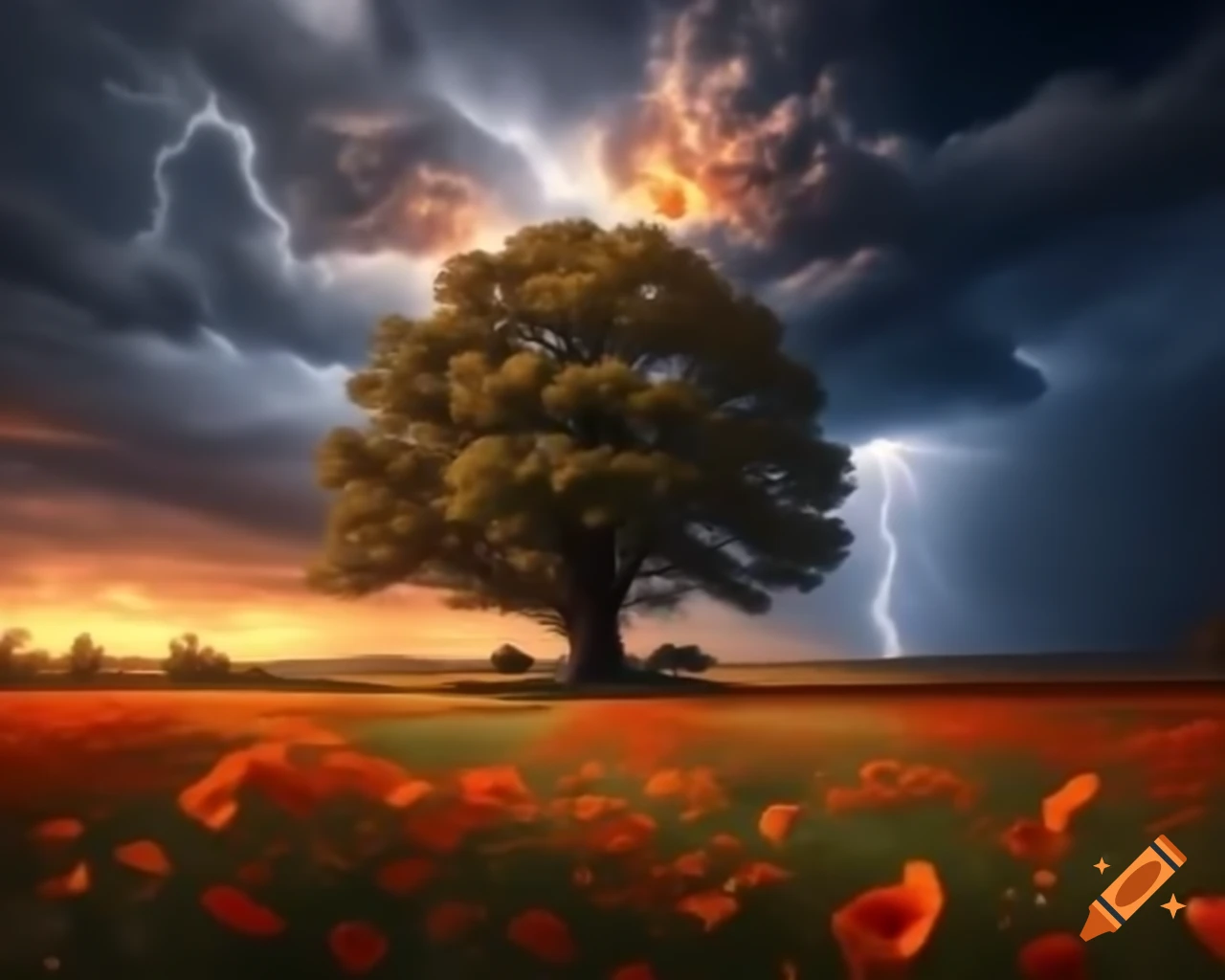 Surreal scene of oak tree in thunderstorm with poppies, cornflowers, and autumn leaves