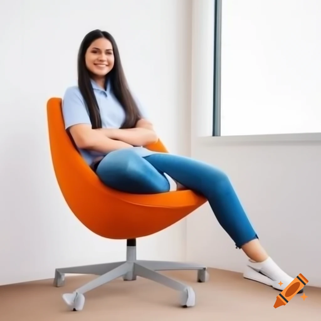 Confident college student sitting in modern orange chair against white background