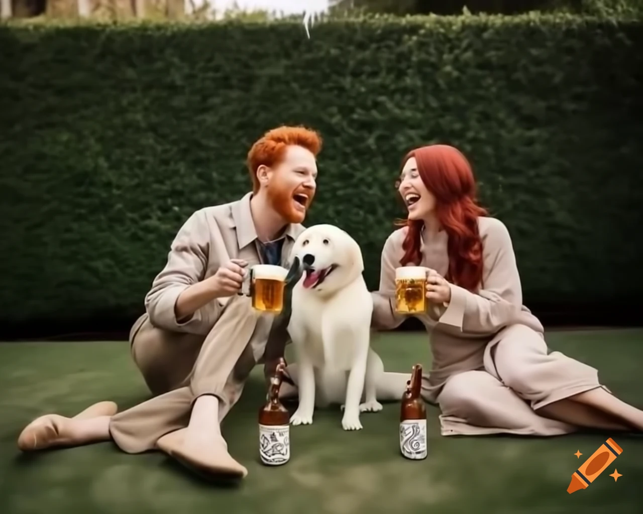 Family celebrating 35th birthday in garden with beer and golden retriever